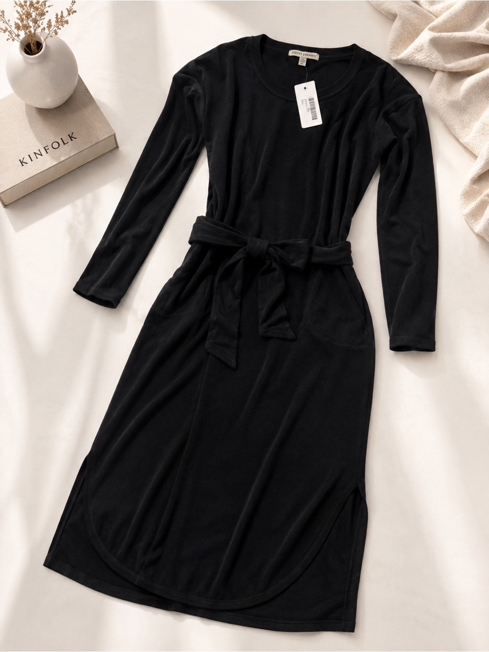 Versatile Long-Sleeve Belted Midi Dress in Black